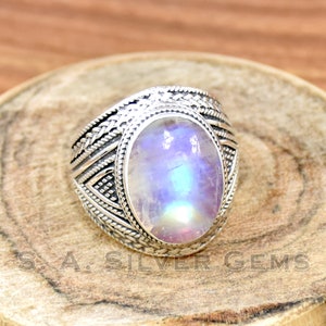 Moonstone Ring, 925 Sterling Silver Mens Ring, Handmade Ring, Boho Ring, Statement Ring, White Rainbow Ring, Moonstone Silver Ring, Gift Dad
