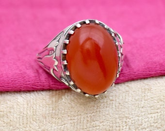 Handmade Carnelian Ring: 925 Sterling Silver Flower Design