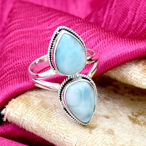 Dominican Larimar 925 Sterling Silver Ring, Bridal Ring, Statement Ring, Larimar Blue Gemstone Ring Gift For her, Natural Gemstone Ring