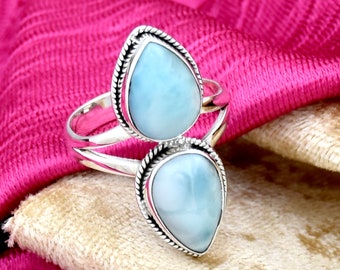 Bague Larimar dominicaine naturelle, bague en argent sterling 925, bague de mariée, bague bio, bague de déclaration, bague en pierres précieuses bleues Larimar cadeau pour elle