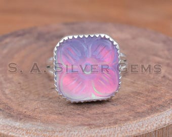 Handmade Carved Aurora Opal Ring, 925 Sterling Silver Rings, Carved Flower Jewelry