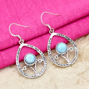 Larimar Earrings: 925 Sterling Silver Dangle Drop, Boho Style