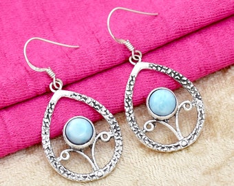 Larimar Earrings: 925 Sterling Silver Dangle Drop, Boho Style