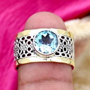 Natural Blue Topaz Ring, 925 Sterling Silver Ring, Handmade Ring, Sky Blue Topaz Ring, Two Tone Ring, Wide Ring, Hammered Ring Designer Ring