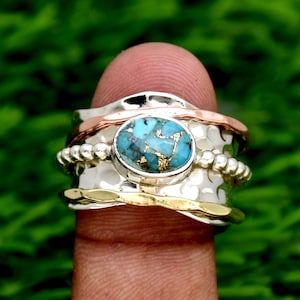 Turquoise Spinner ring, 925 silver Ring, Blue copper turquoise Ring, Handmade Ring, Three Tone Ring, Hammered Ring Turquoise Jewelry