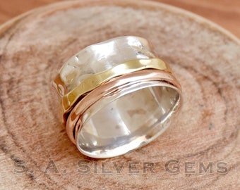 Handmade 925 Sterling Silver Spinner Ring: Three Tone Wide Band