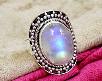 Rainbow Moonstone Ring, 925 Sterling Silver Ring, Handmade Ring, Filigree Ring, Blue fire moonstone ring, handmade Jewelry, gift For Her