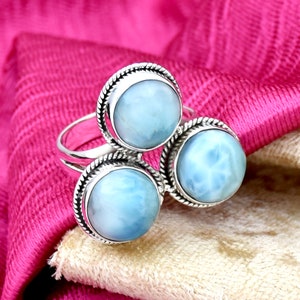 Natural Dominican Larimar Ring, 925 Sterling Silver Ring, Handmade Ring, Round Larimar Ring, Bohemian Ring, Statement Ring, Handmade Jewelry