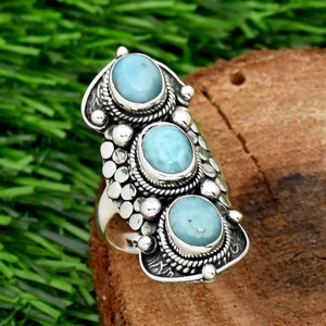 Larimar Ring, 925 Sterling Silver Ring, Statement Ring, Filigree Ring, Handmade Ring, Three Gemstone Ring for girls, Silver Jewelry for her