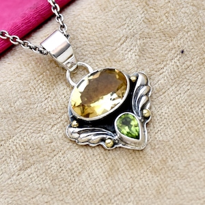 Citrine and Peridot 925 Sterling Silver Necklace: Handmade Gemstone Pendant