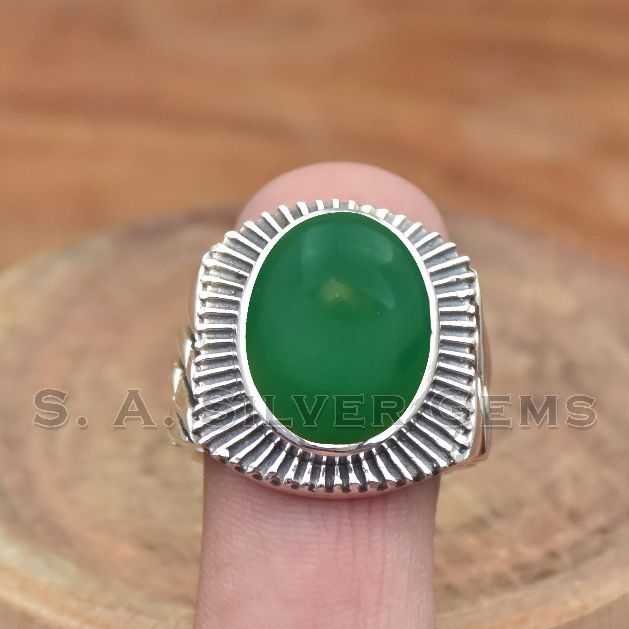 グリーンオニキス 925 スターリングシルバーリング、ステートメント