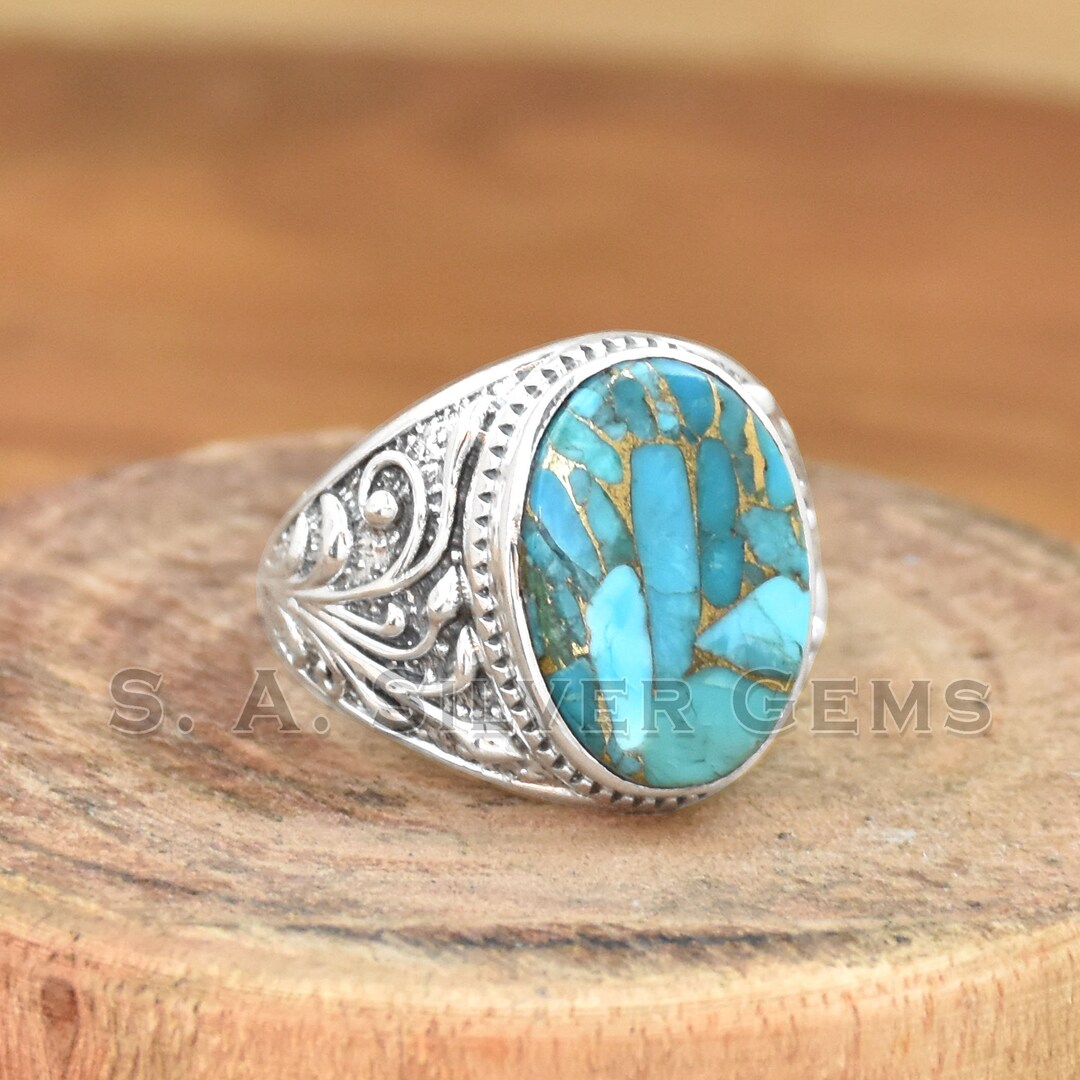 ブルーコッパーターコイズリング：925スターリングシルバー