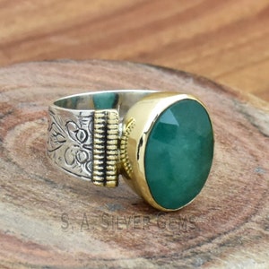 Indian Emerald Ring: Two-Tone 925 Sterling Silver, Handmade Designer Ring