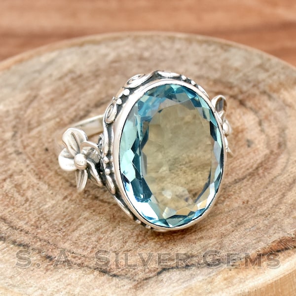 Anillo de cuarzo azul, anillo de cuarzo de plata de ley 925, anillo de piedra preciosa ovalada, anillo de declaración, joyería hecha a mano, anillo de aniversario, anillo de corte facetado