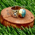 Blue Copper Turquoise Ring, 925 Sterling Silver Ring, Handmade Ring, Two Tone Ring, Blue Topaz Ring, Flower Textured Ring, Handmade Jewelry