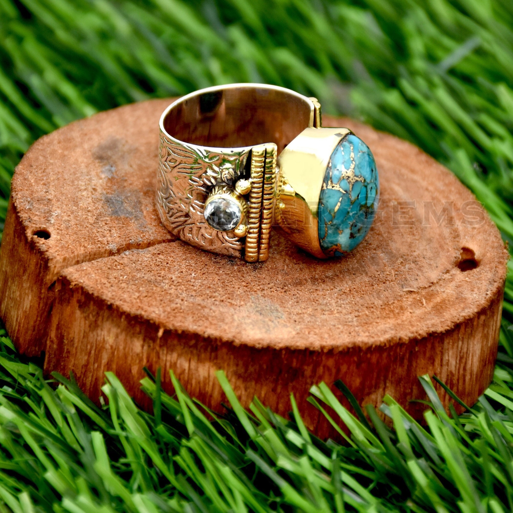 Handmade Two Tone 925 Sterling Silver Blue Copper Turquoise Ring with Blue Topaz