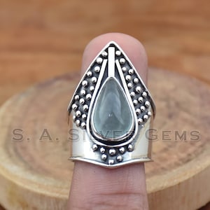 Teardrop Aquamarine Ring: 925 Sterling Silver Adjustable Bohemian Ring