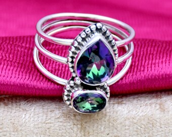 Handmade Mystic Topaz 925 Sterling Silver Ring: Triple Band Filigree