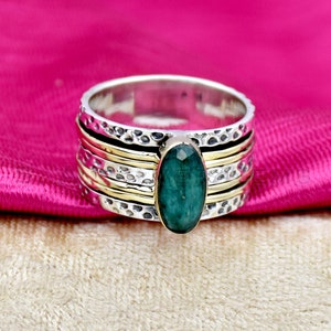 Indian Emerald Spinner Ring: Hammered 925 Sterling Silver Two Tone Boho Ring