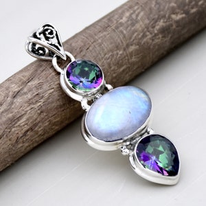 Natural Moonstone Pendant, Rainbow Moonstone Pendant, Solid 925 Sterling Silver Pendant,Moonstone & Mystic Topaz Pendant,Multi Stone Pendant