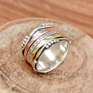 Spinner Ring, Meditation Spinner Ring Weihnachtsgeschenk, Multi Spinner Bandring, 925 Sterling Silber Ring, gehämmert Ring, drei Ton Ring