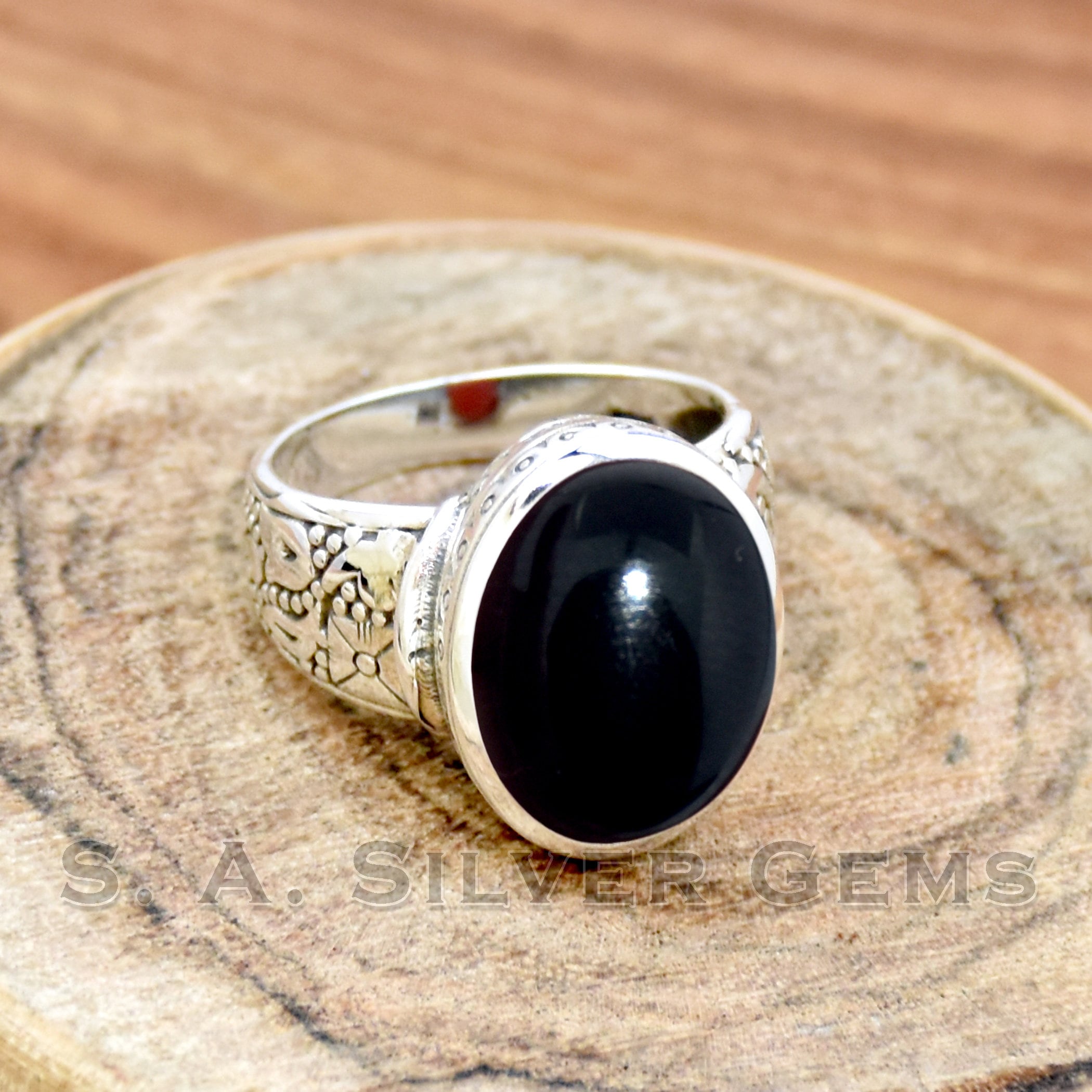 ブラックオニキス925スターリングシルバーメンズリング：ボヘミアン