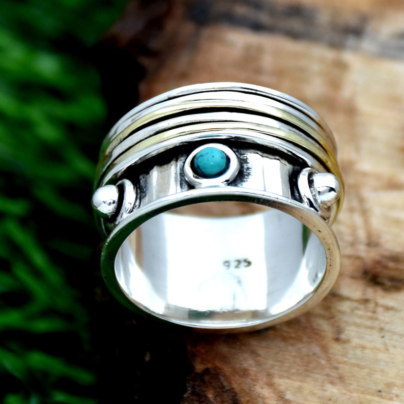 Turquoise Spinner Ring Boho Ring Wide Band Ring Meditation Spin Ring Two Tone Ring 925 Sterling Silver Women/'s Ring Handmade Ring