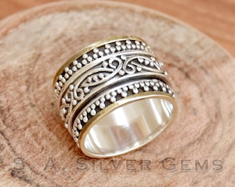Anello girevole in argento sterling 925: fascia bicolore con texture, anello da meditazione.