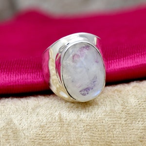 Natural Moonstone Ring, 925 Sterling Silver Ring, Handmade Ring, Oval Gemstone Ring,  Wide Band Ring, Hammered Ring, Anniversary Ring