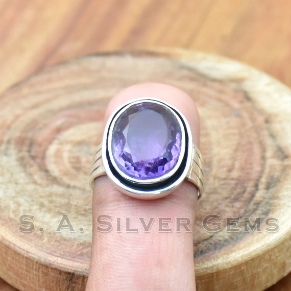 ハンドメイドオーバルアメジストリング：ボヘミアン925スターリング
