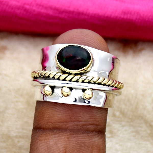 Ethiopian Black Opal Ring: Handmade 925 Sterling Silver & Brass Ring