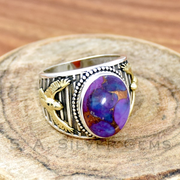 Purple Copper Turquoise Ring, 925 Sterling Silver Men's Ring, Handmade Ring, Boho Ring, Two Tone Ring, Turquoise Ring, Designer Gift Ring