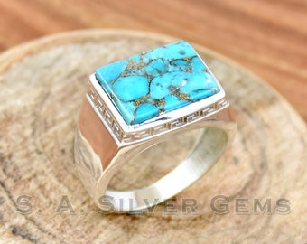 Blue Copper Turquoise Ring, 925 Sterling Silver Men's Ring, Handmade Ring, Statement Ring, Boho Ring, Turquoise Ring, Father's Gift Ring