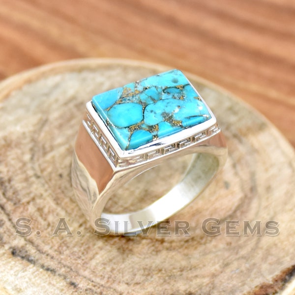 Blue Copper Turquoise Ring, 925 Sterling Silver Men's Ring, Handmade Ring, Statement Ring, Boho Ring, Turquoise Ring, Father's Gift Ring