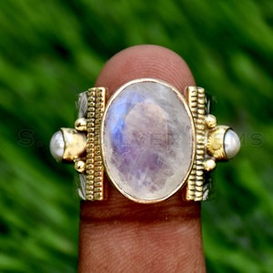 Moonstone Ring, 925 Sterling Silver Ring, Handmade Ring, Pearl Ring, Two Tone Ring, Textured Ring, Statement Ring Gemstone Ring Gift For Her