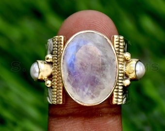 Maansteen ring, 925 sterling zilveren ring, handgemaakte ring, parelring, tweekleurige ring, getextureerde ring, statement ring edelsteen ring cadeau voor haar