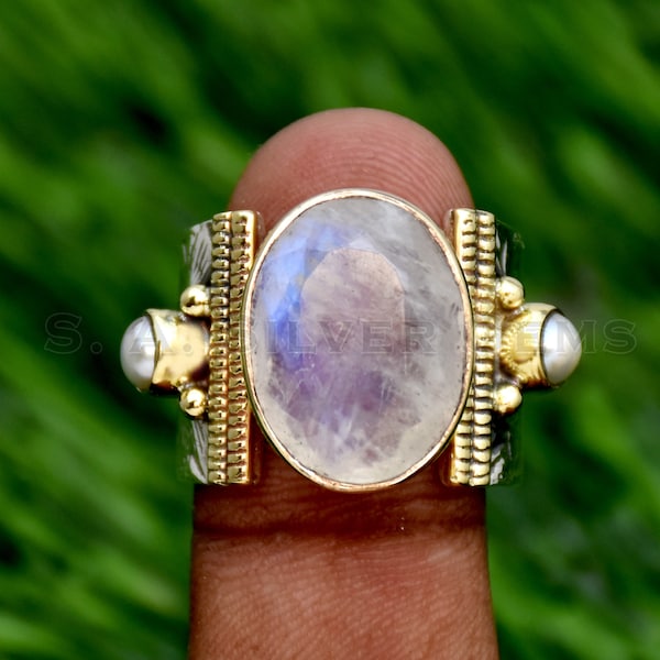 Handgemaakte ring met maansteenparel: tweekleurige statementring 925 sterlingzilver