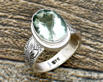 Anillo de amatista verde natural, anillo de piedra preciosa ovalada, anillo de piedra preciosa, anillo de amatista facetada, joyería elegante, joyería india, joyería hecha a mano