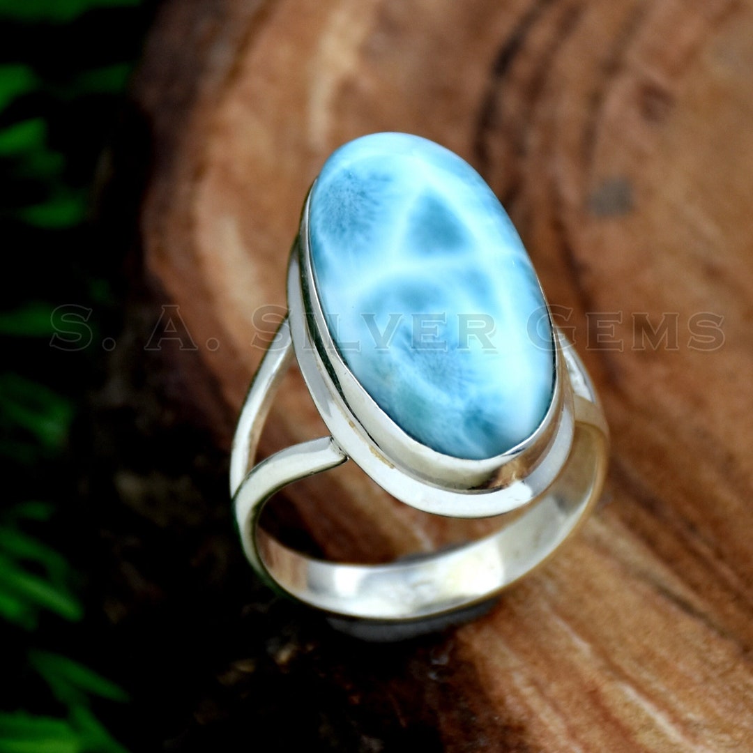 天然ラリマーステートメントリング：ハンドメイド925スターリング