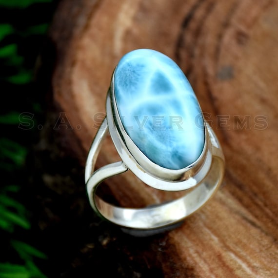 天然ラリマーステートメントリング：ハンドメイド925スターリング