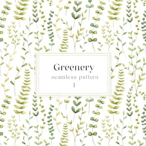 Greenery watercolor digital paper, Green leaves digital paper, Watercolor seamless pattern