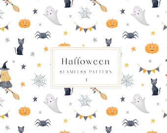 Halloween digital paper watercolor, Cute witch seamless pattern, Trick or treat watercolor pattern
