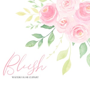 Clipart floral aquarelle roses roses blush, bouquets de mariage aquarelle, fleurs roses printemps png, téléchargement numérique
