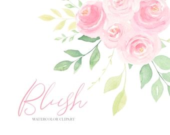 Pink Blush Roses watercolor floral clipart, Watercolor wedding bouquets, Pink flowers spring png, Digital download