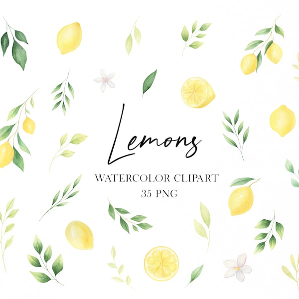 Watercolor Lemons clipart, Summer citrus greenery clipart png, Lemon bridal shower wedding invitation, DIY clipart