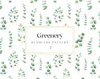 Papel digital de acuarela de eucalipto, paquete de papel digital Greenery, Patrón de hojas sin costuras