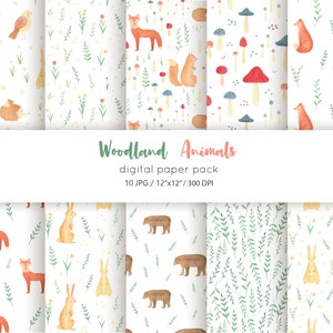 Woodland digital paper, Woodland animal digital scrapbook paper, Seamless pattern watercolor wild nature, Forest animal digital paper