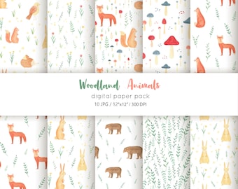 Woodland digital paper, Woodland animal digital scrapbook paper, Seamless pattern watercolor wild nature, Forest animal digital paper