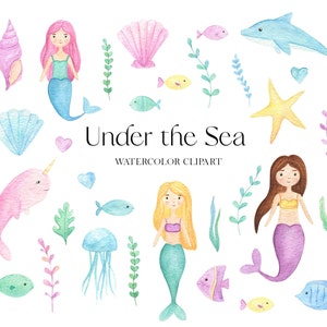 Acuarela bajo el mar clipart, sirenas png, imágenes prediseñadas náuticas, invitación de cumpleaños de baby shower png, imágenes prediseñadas del océano