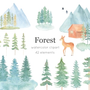 Clipart ad acquerello di alberi forestali, clipart ad acquerello di montagna di alberi di pino, clipart di invito al matrimonio nella foresta, clipart di paesaggio ad acquerello